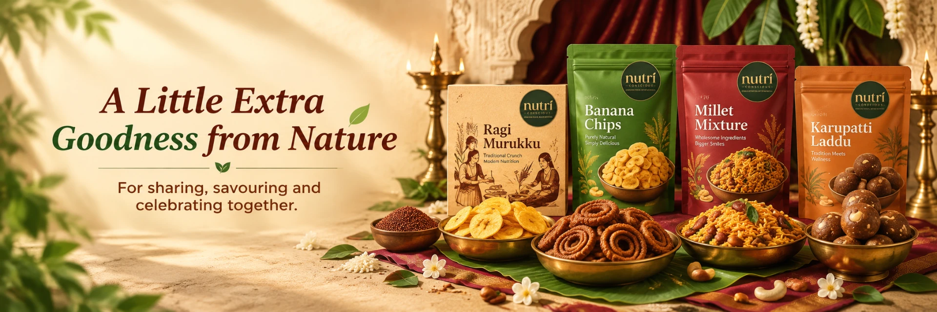 Nutri Conscious event snacks — ragi murukku, banana chips, millet mixture and karupatti laddu served in brass bowls on a banana leaf
