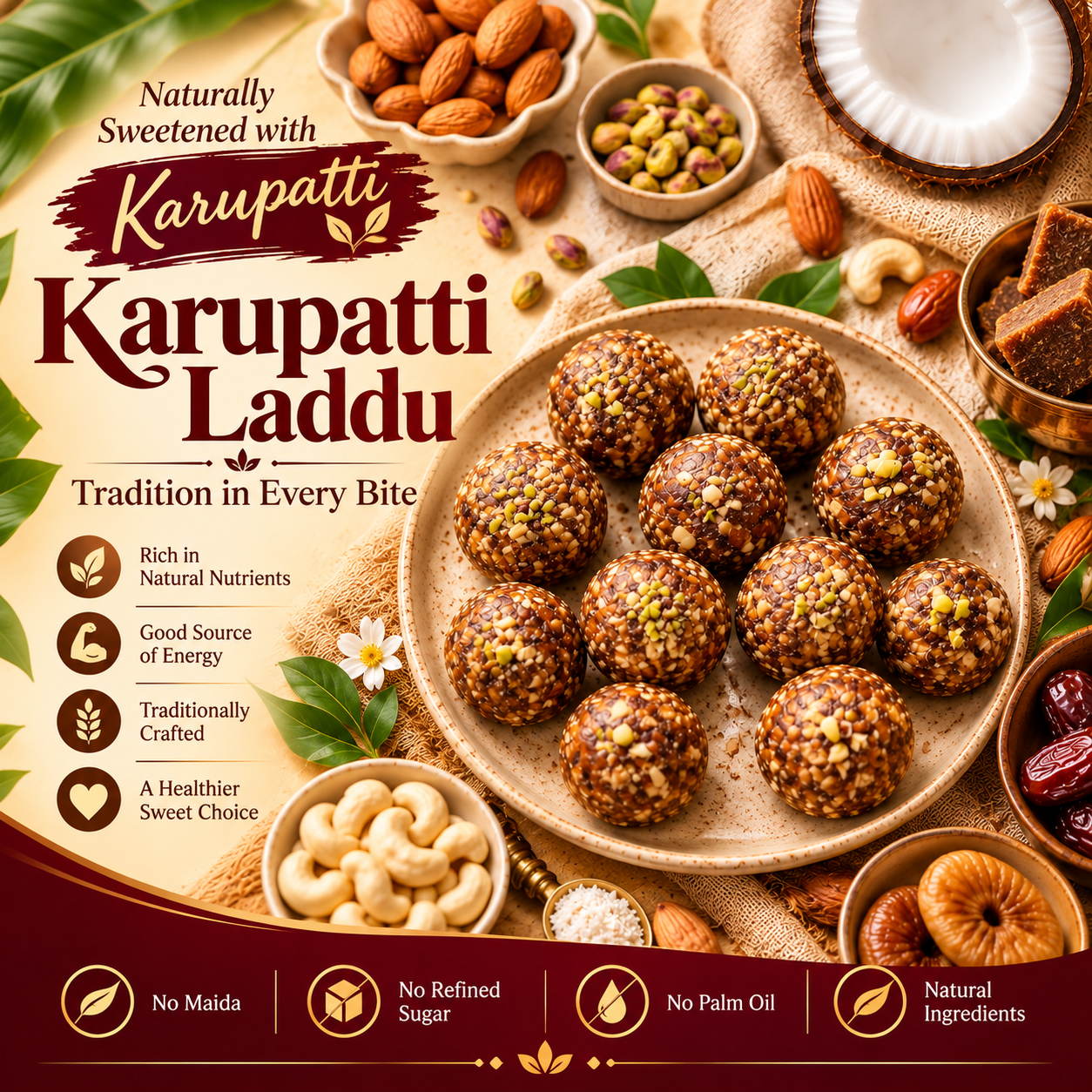 Karupatti Laddu poster with traditional sweets, nuts and coconut