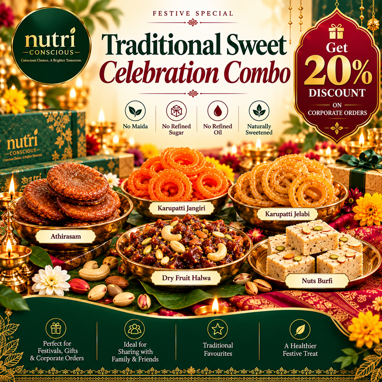 Traditional Sweet Celebration Combo — Athirasam, Karupatti Jangiri, Karupatti Jelabi, Dry Fruit Halwa and Nuts Burfi in Nutri Conscious gift boxes