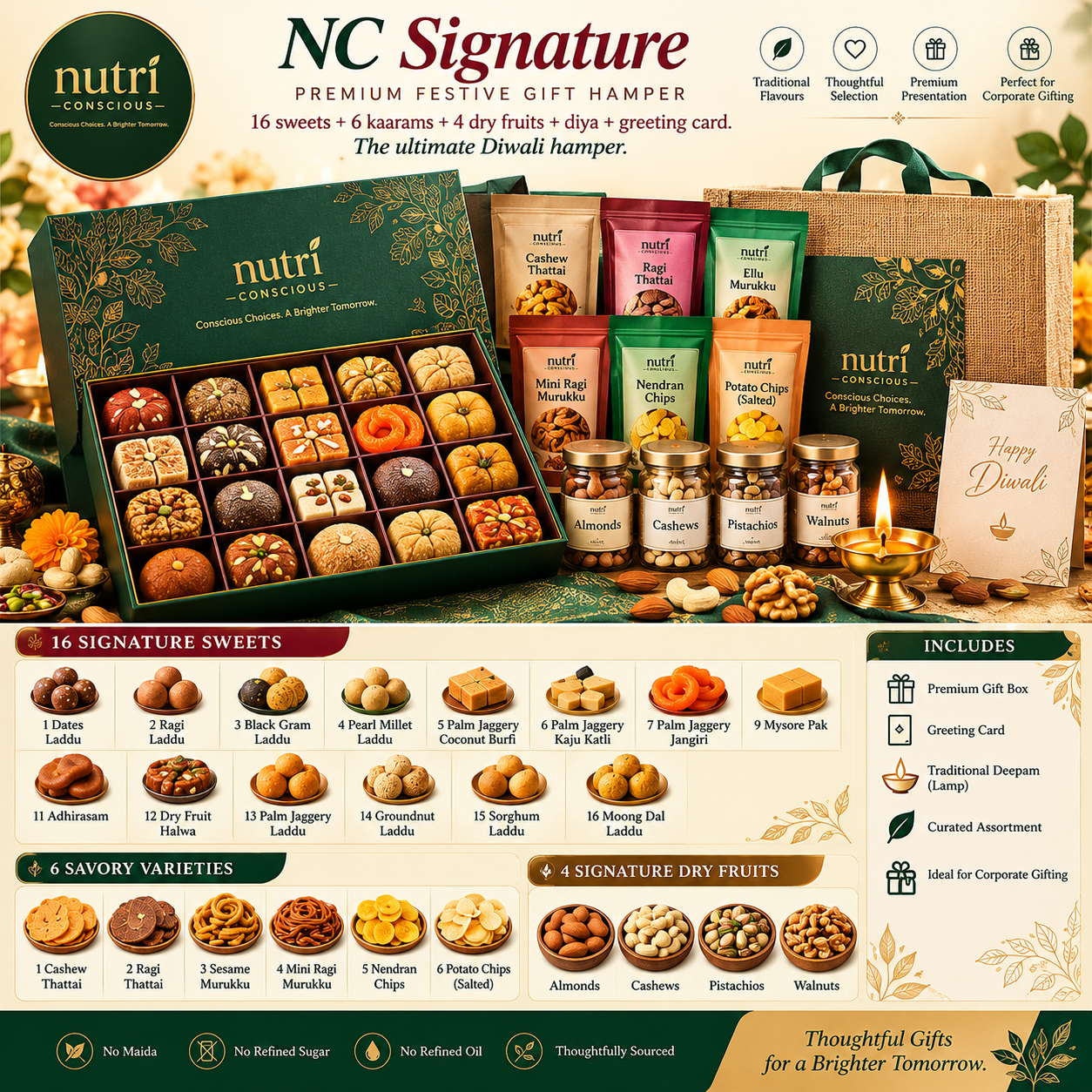 NC Signature Diwali hamper with sweets, kaarams, dry fruits and a traditional diya
