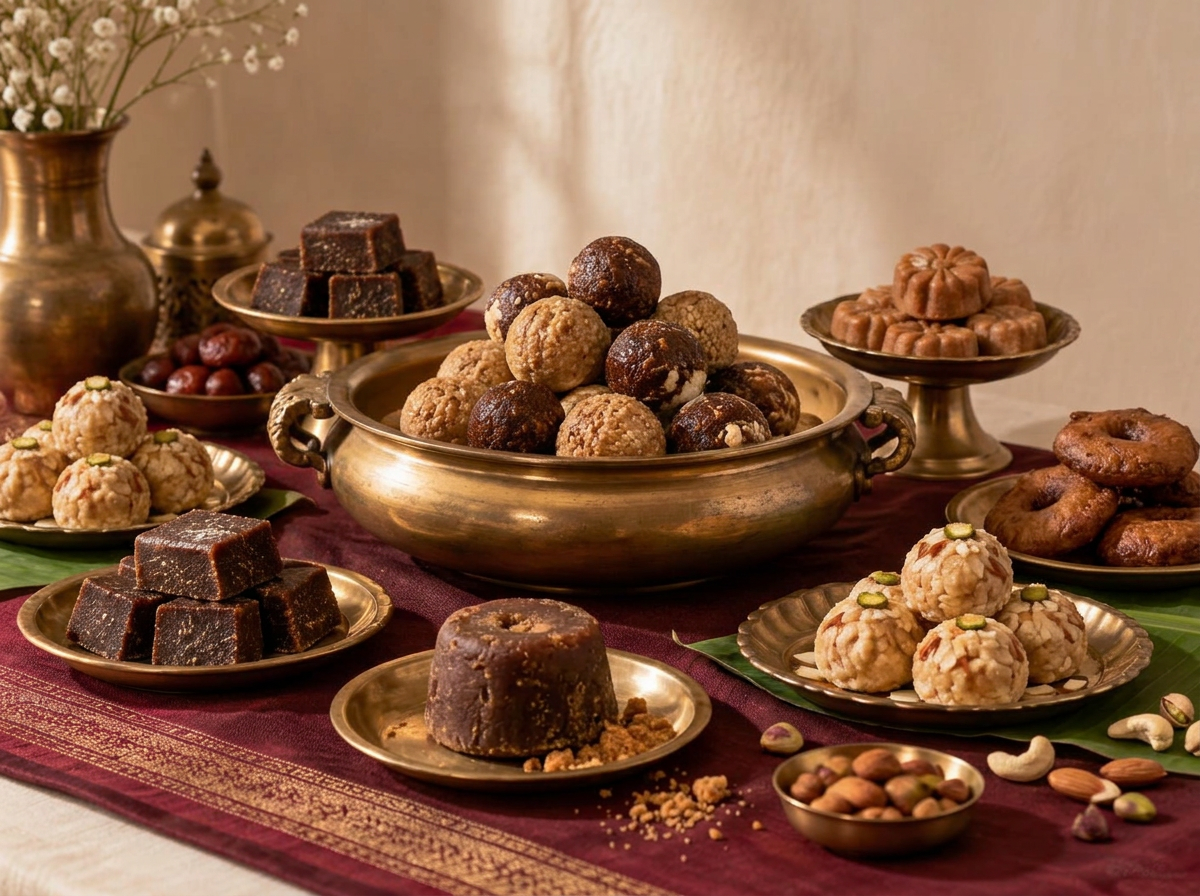 Karupatti laddus, halwa and traditional sweets arranged on antique brass serveware
